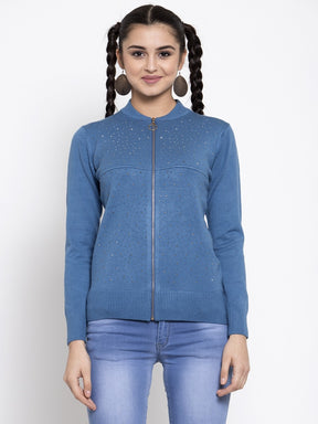 Women Solid Denim Round Neck Pullover
