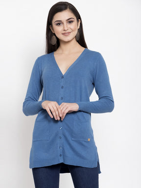 Buy Solid Denim V-Neck Coat