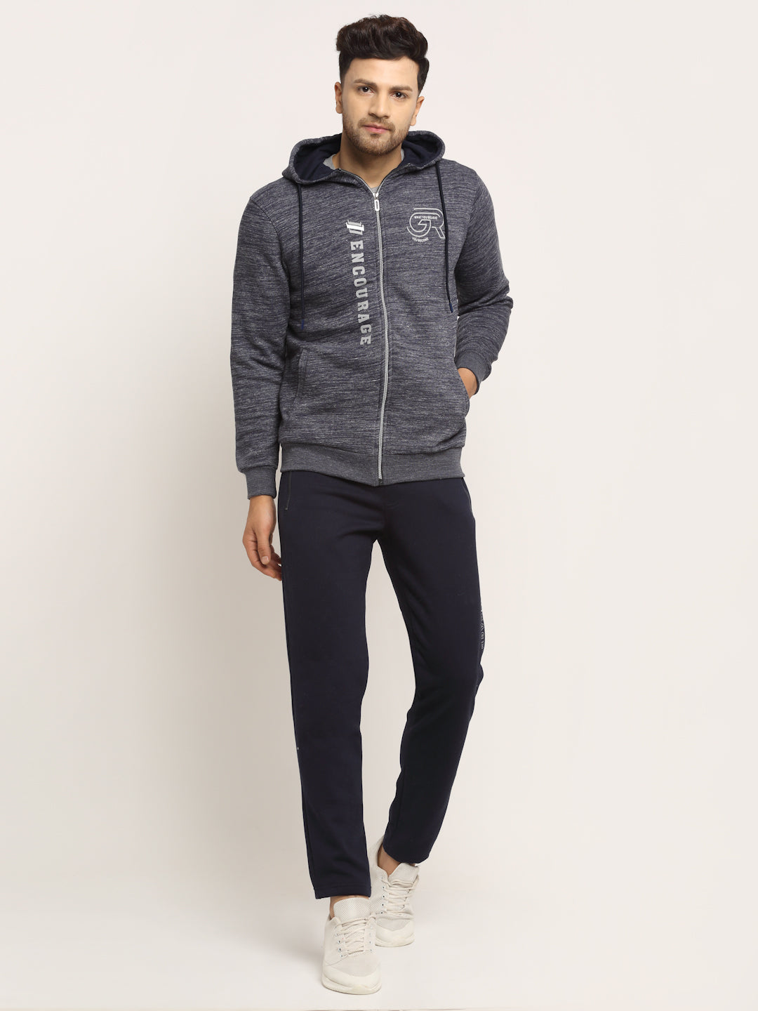 Men Navy Blue Hood Hosiery Solid Tracksuit