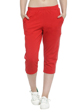 Women Red Slim Fit Capri With Side Stripe Detail