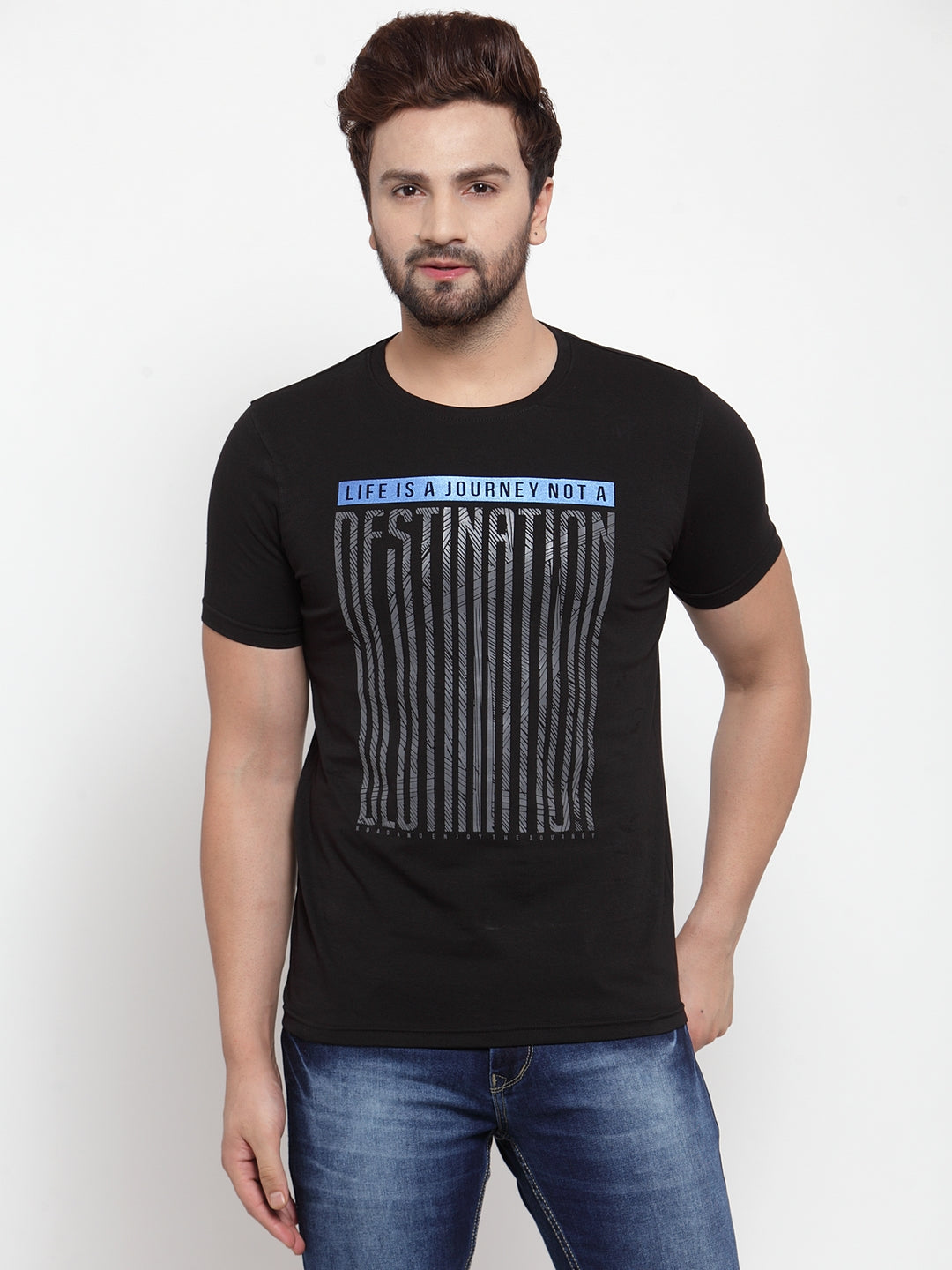 Mens Black Round Neck Printed T-Shirt