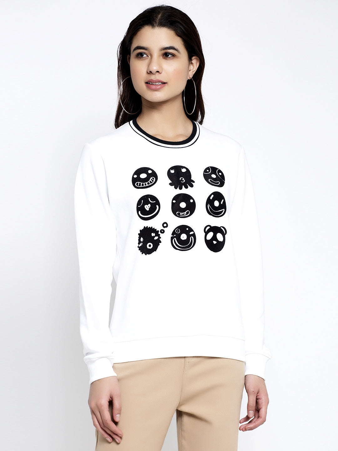 Women White Round Neck Printed Sweatshirt