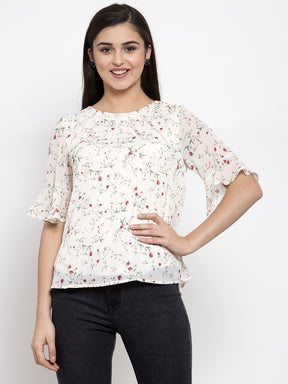 Women White Printed Top With Crochet Details