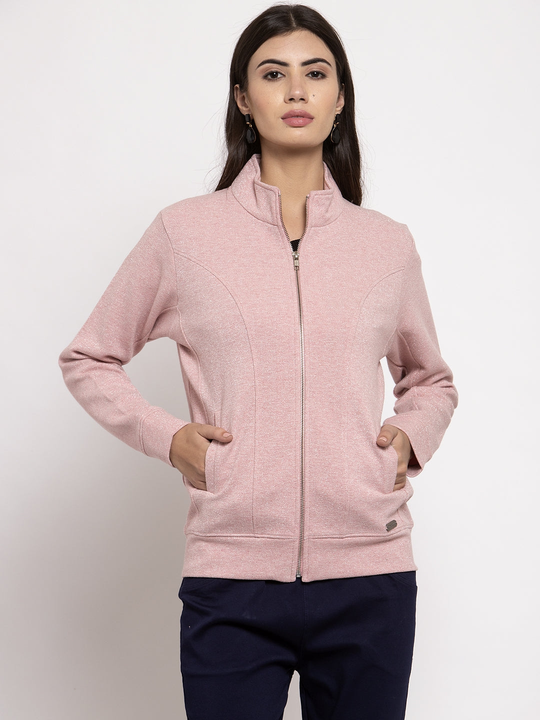 Women Pink Solid T-Neck Sweatshirt
