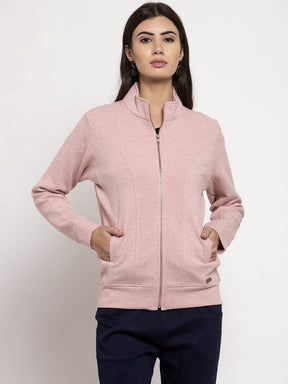 Women Pink Solid T-Neck Sweatshirt