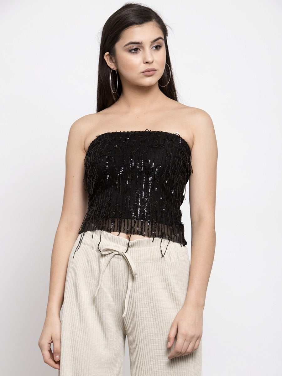 Women Embellished Black Strapless T-Shirt