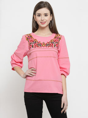 Women Printed Red Round Neck Top