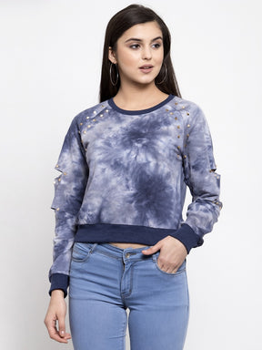 Women Solid Denim Round Neck Sweatshirt