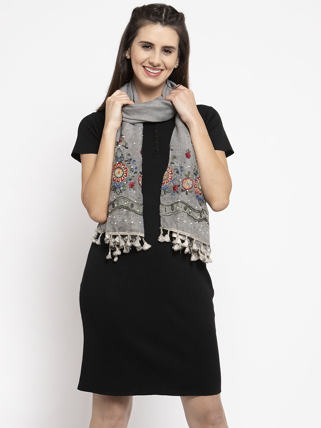 Women Embroidered Grey Cotton Stole