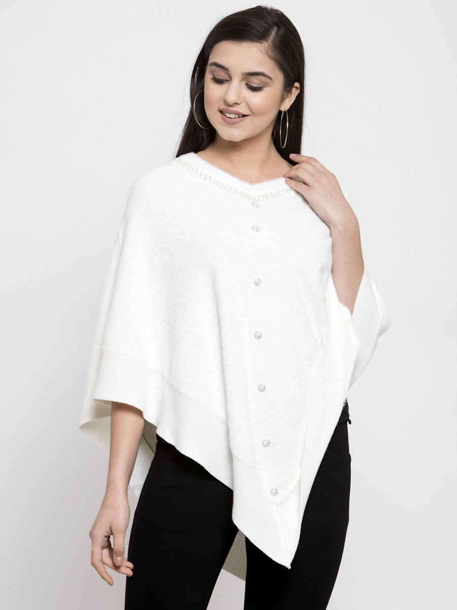 Women White Solid Ponchu