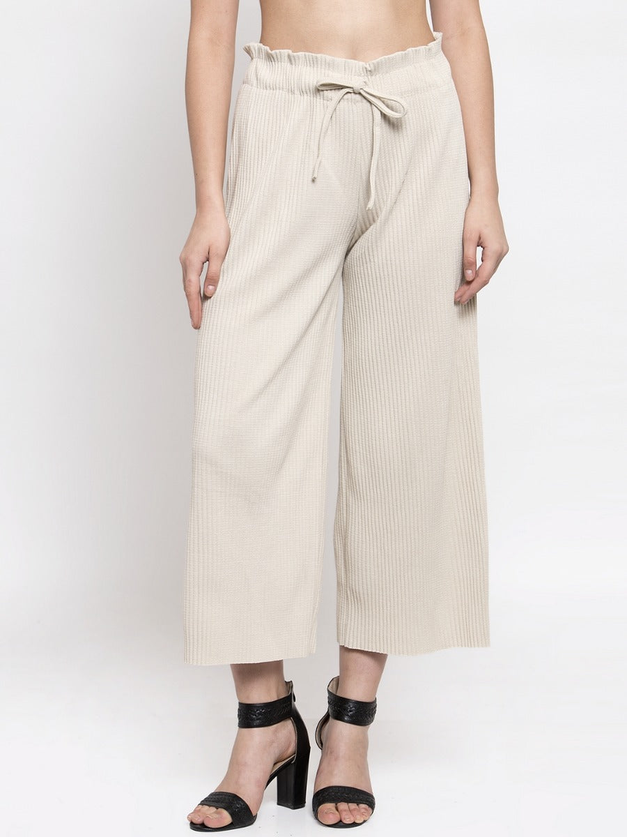 Women Beige Loose Fit Rib Knitted Ankle Length Lower