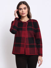 Women Black Round Neck Checked KNIT Cardigan