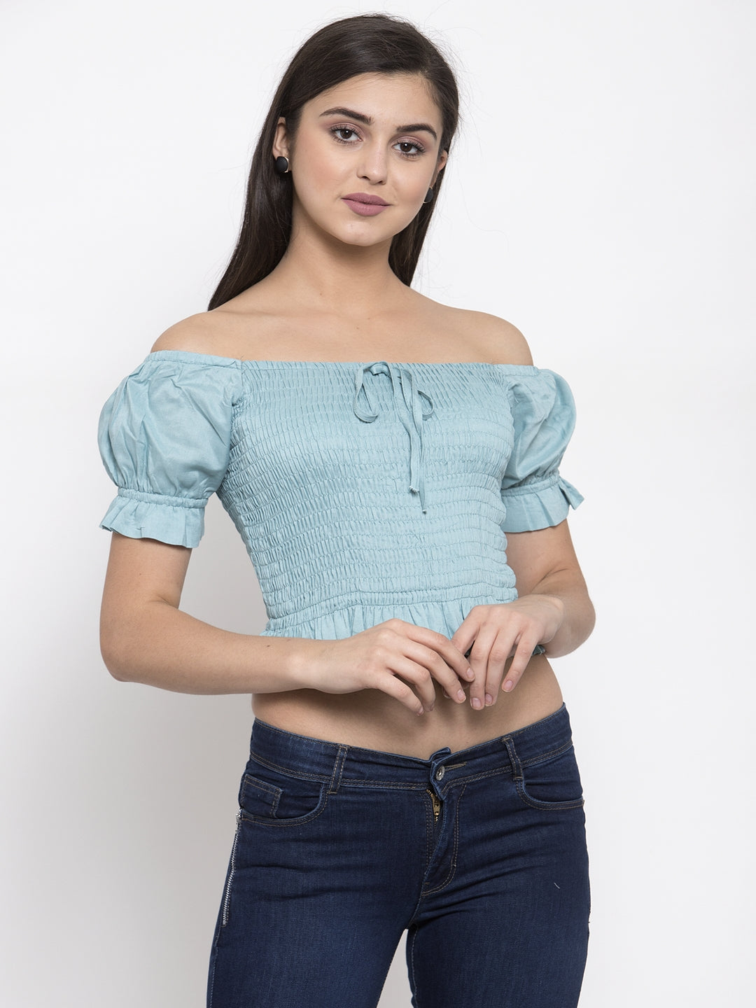 Women Off-Shoulder Top with drawstring knot at front - Global Republic #