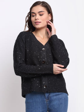 Women Black V-Neck Knitted Regular Fit Cardigan