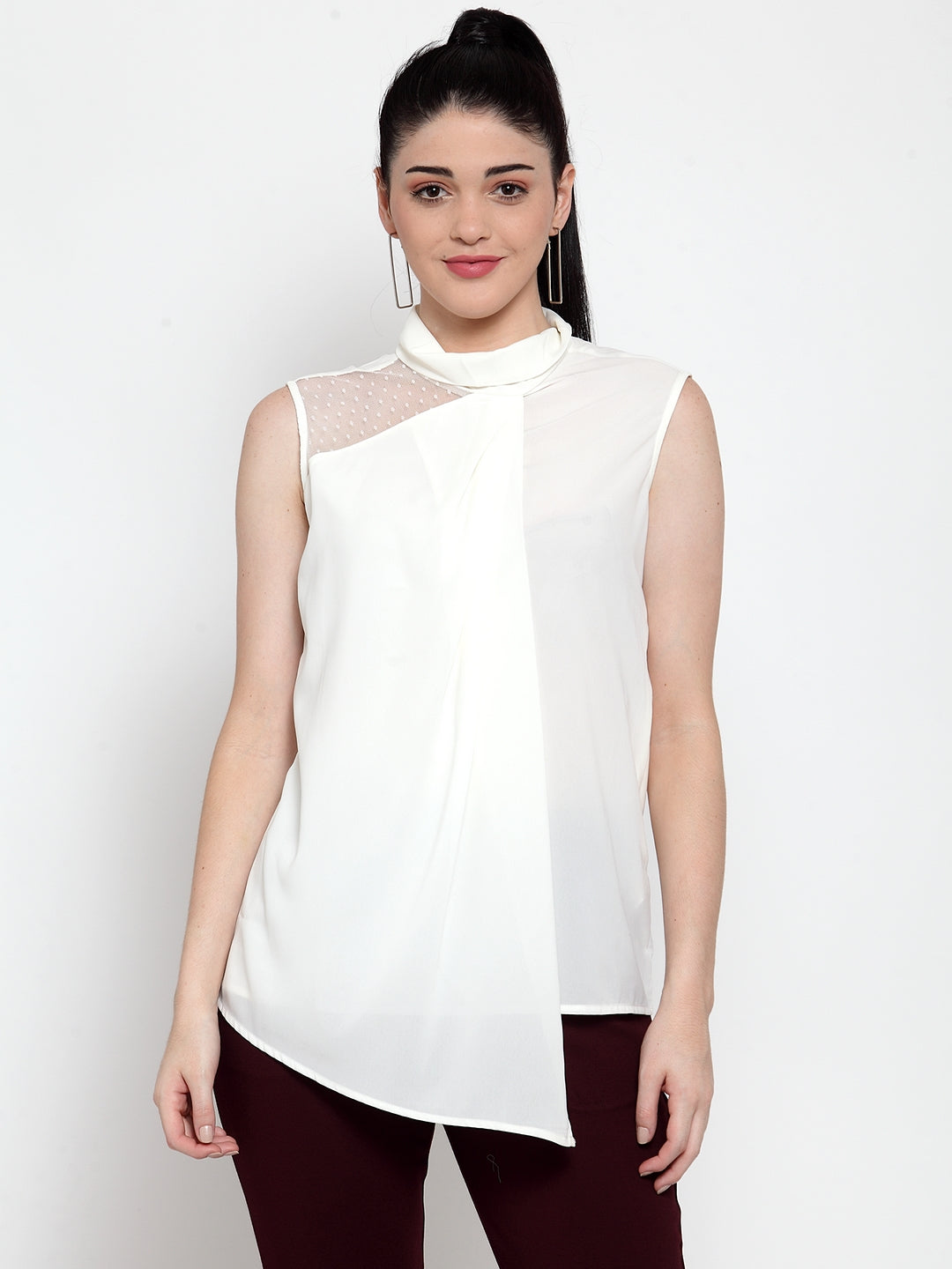 Women White Turtle Neck Asymmetric Hem Top