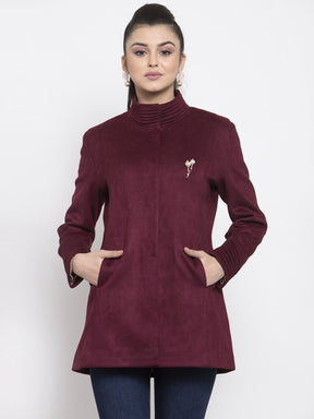 Women Solid Wine Faux Velvet Coat