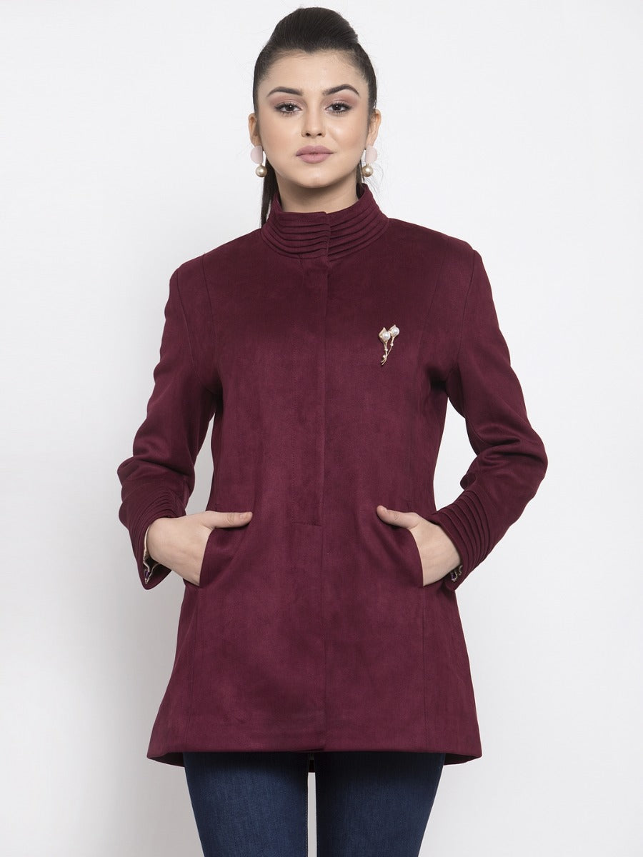 Women Solid Wine Faux Velvet Coat