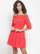 women red off shoulder dress with lace detail