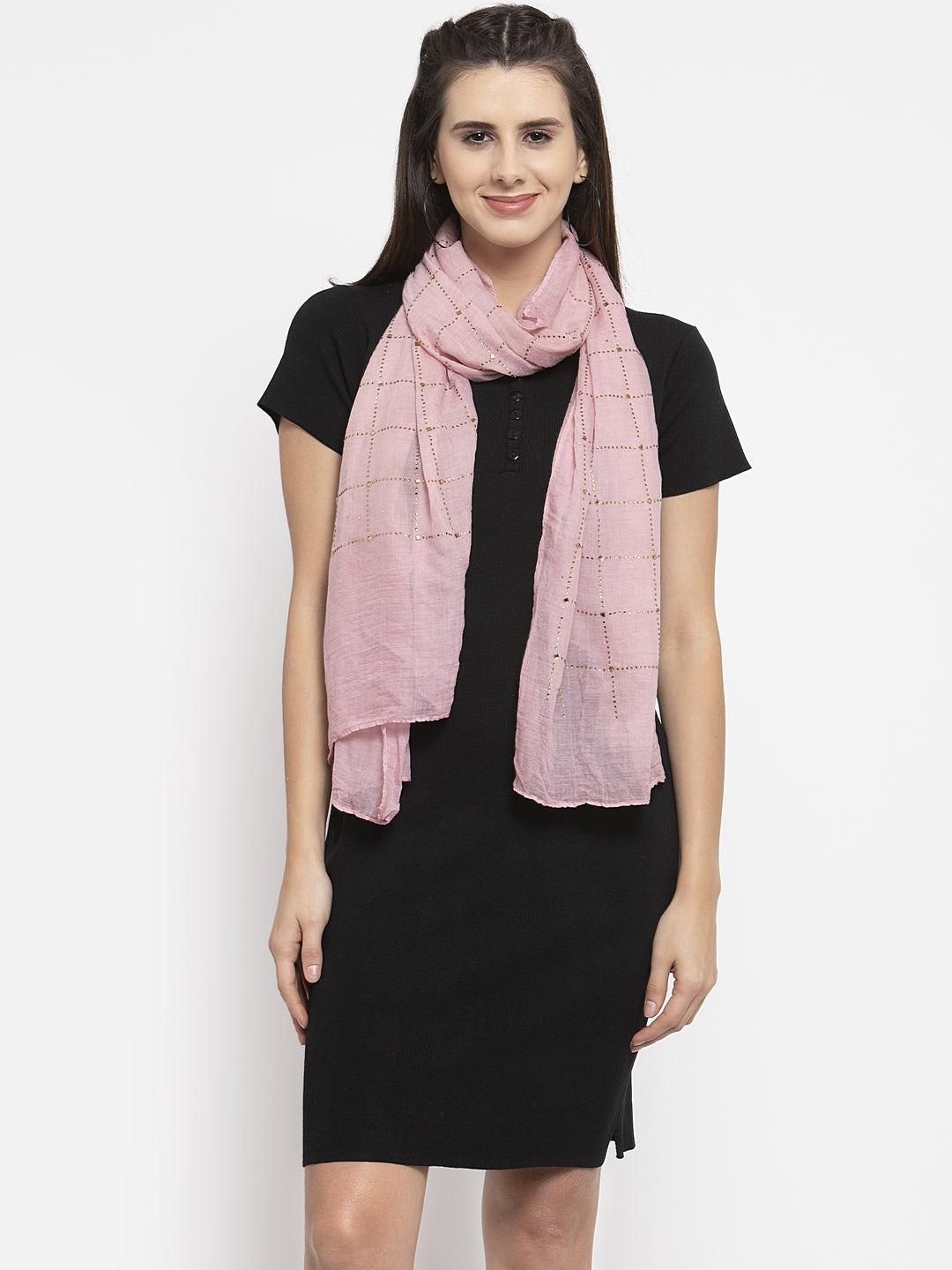 Women Pink Cotton Stole With Checked Beads