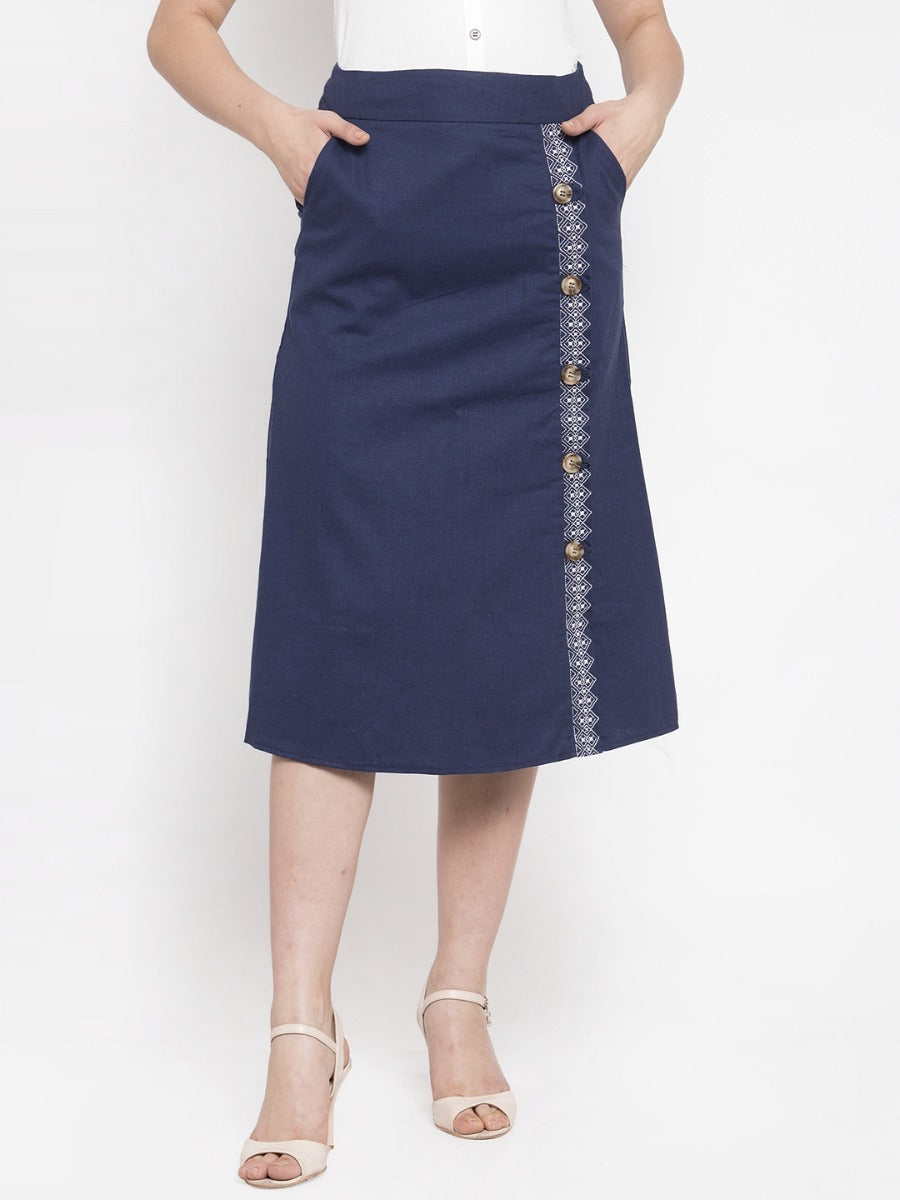 Women A-Line Navy Blue Cotton Linen Skirt