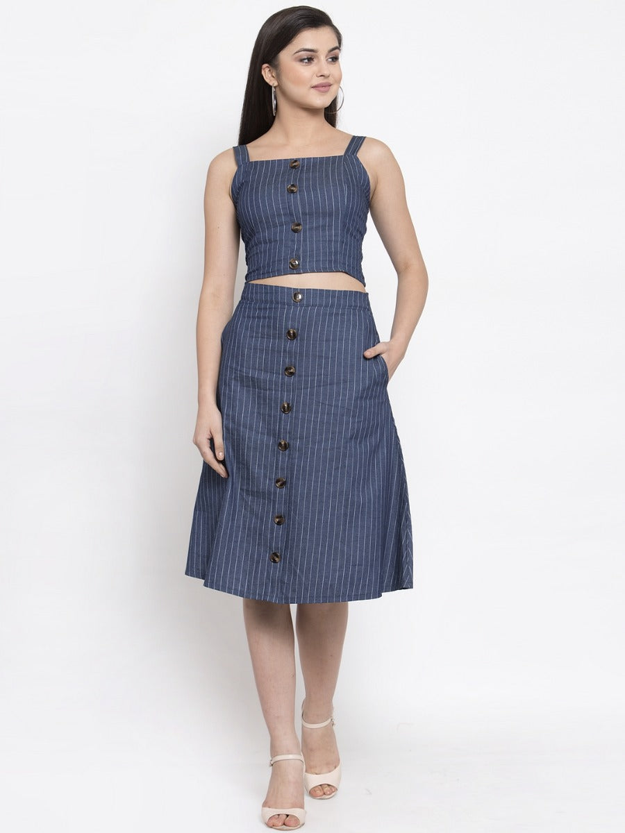 Women Striped Blue Set Of Skirt And Top