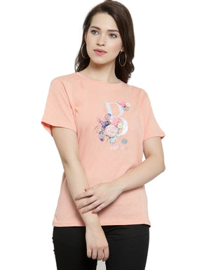 Women Peach Printed Round Neck Regular Fit T-Shirts