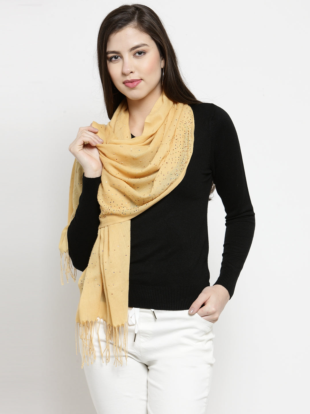 Women Yellow Cotton Foax  Stole With Beads