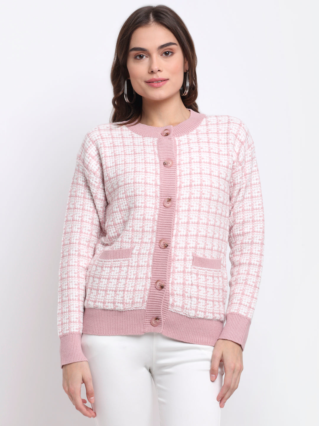 Best Women Pink Round Neck Checked KNIT Cardigan