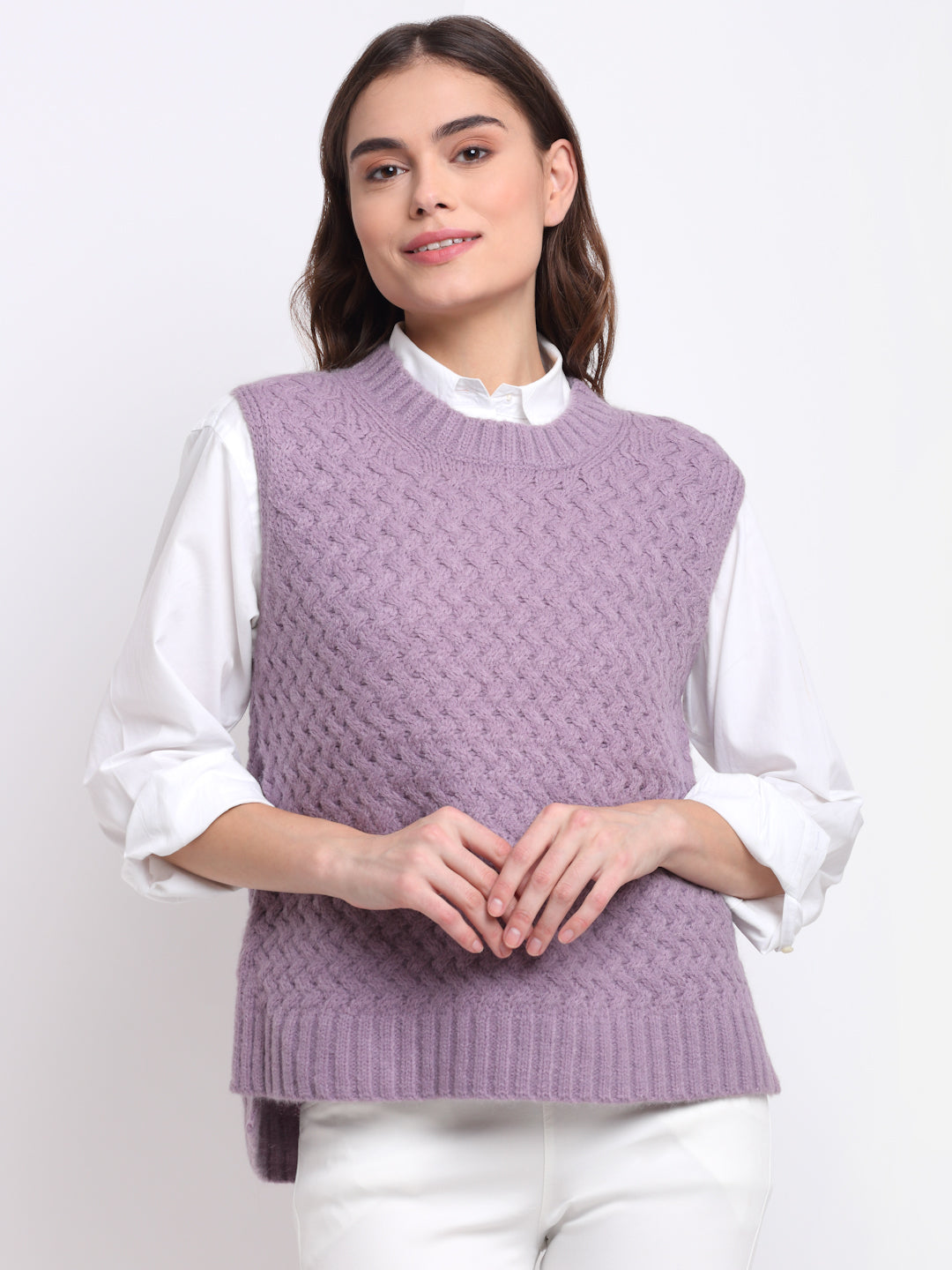 Women Purple Round Neck Sleeveless Knit Pullover