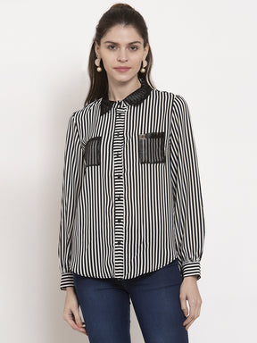 Ladies B/W straight Striped Collared Shirt