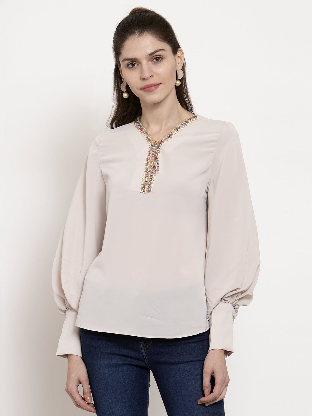 Women Straight Fit Bishop Sleeves Beige Top