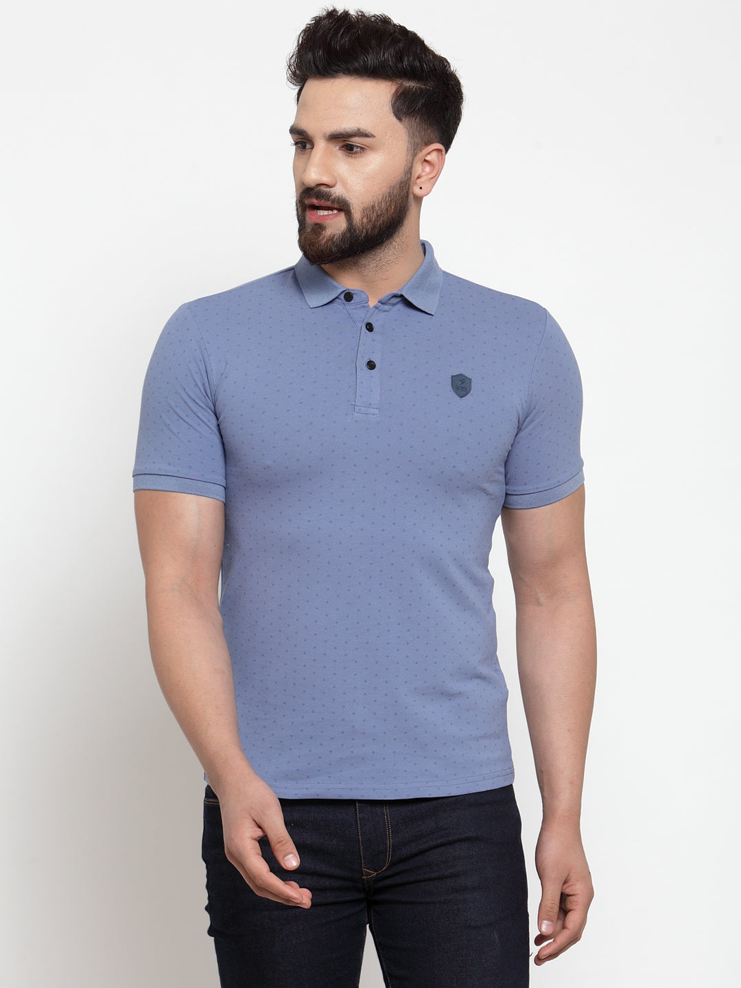 Men Blue Polka Dot Printed Polo T-Shirt