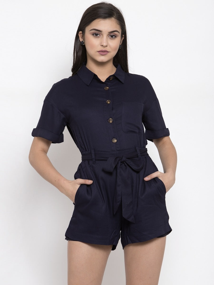 Women Navy Solid Shirt Collar Playsuit