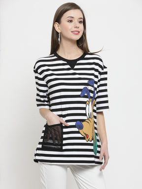 Women Black Striped Round Neck Regular Fit T-Shirts