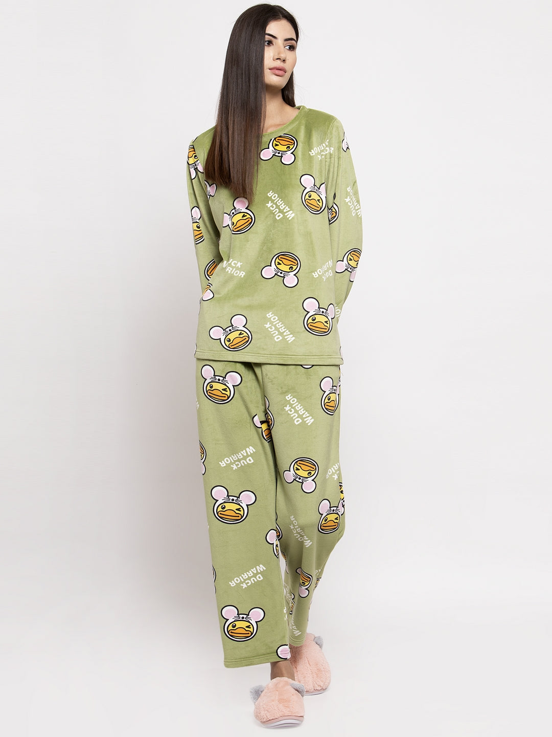 Women Green Printed Round Neck Night Suit
