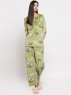 Women Green Printed Round Neck Night Suit