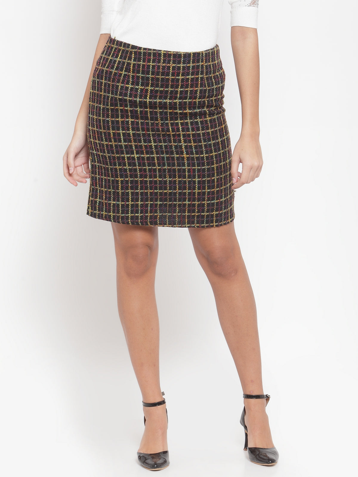 Women Checked Black Texture Skirt