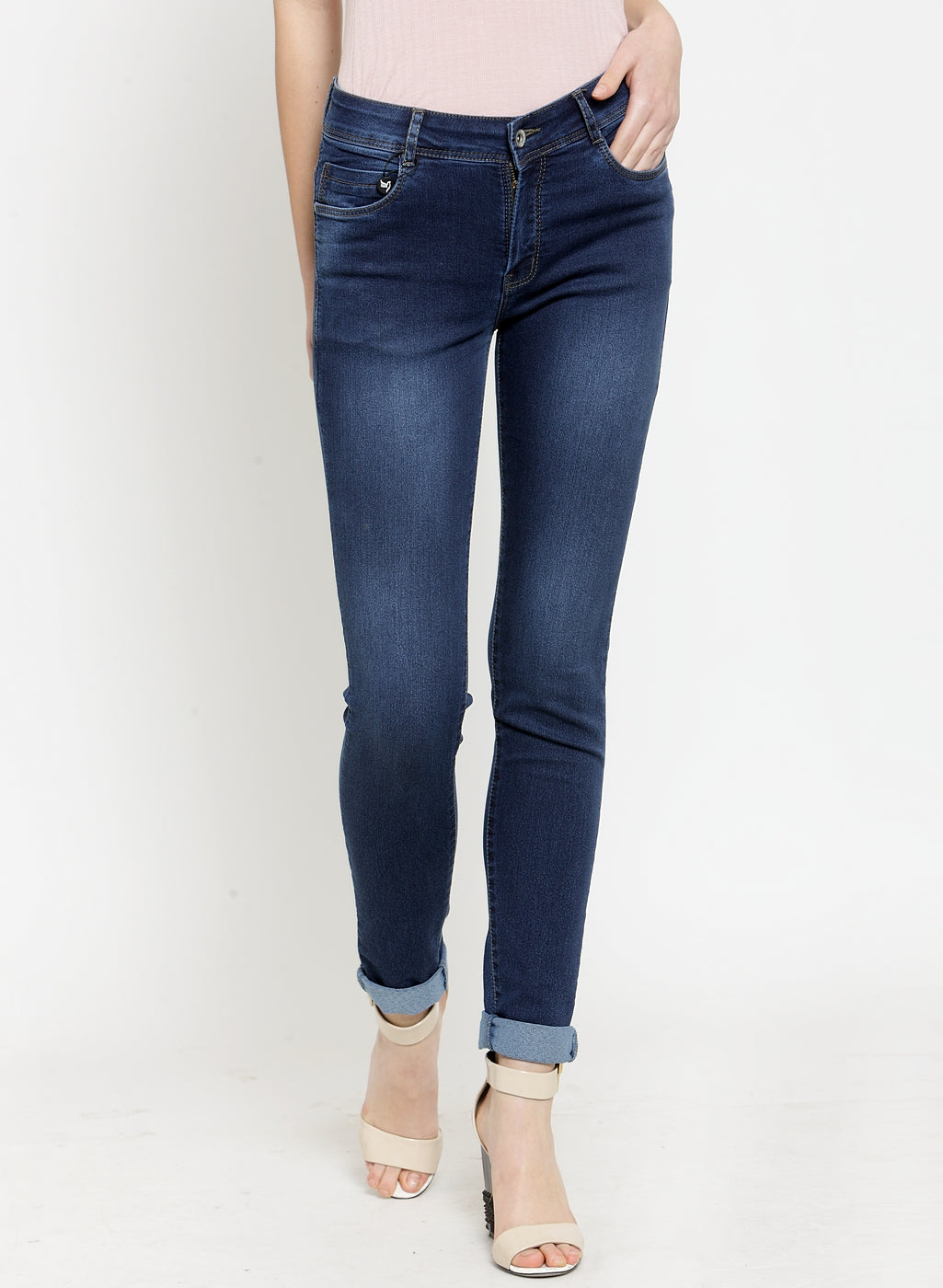 Blue Regular Fit Folded Ankle-length Jeans - Global Republic