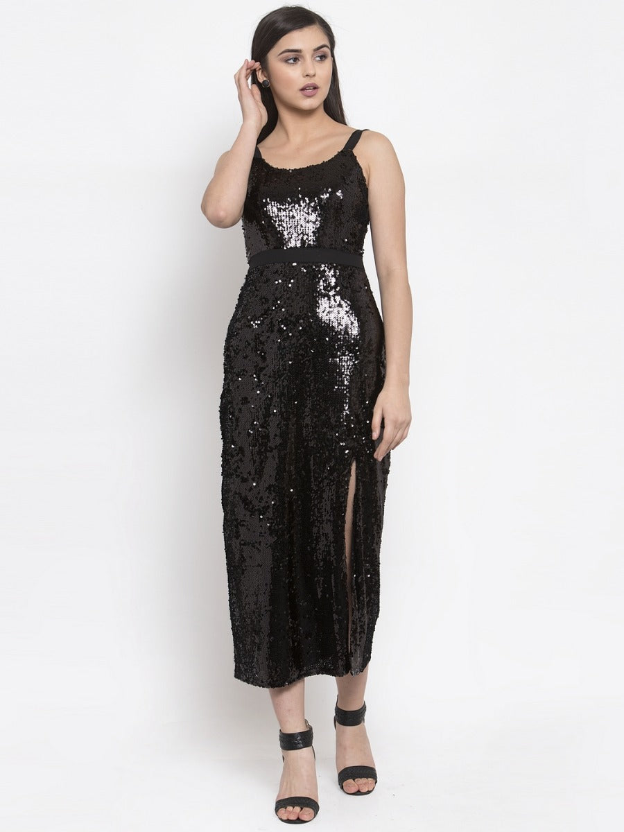 women sequinned black slim fit dress