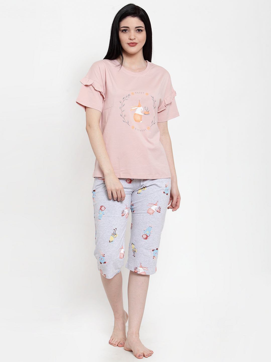 Women Pink Hosiery Printed Capri Night Suit