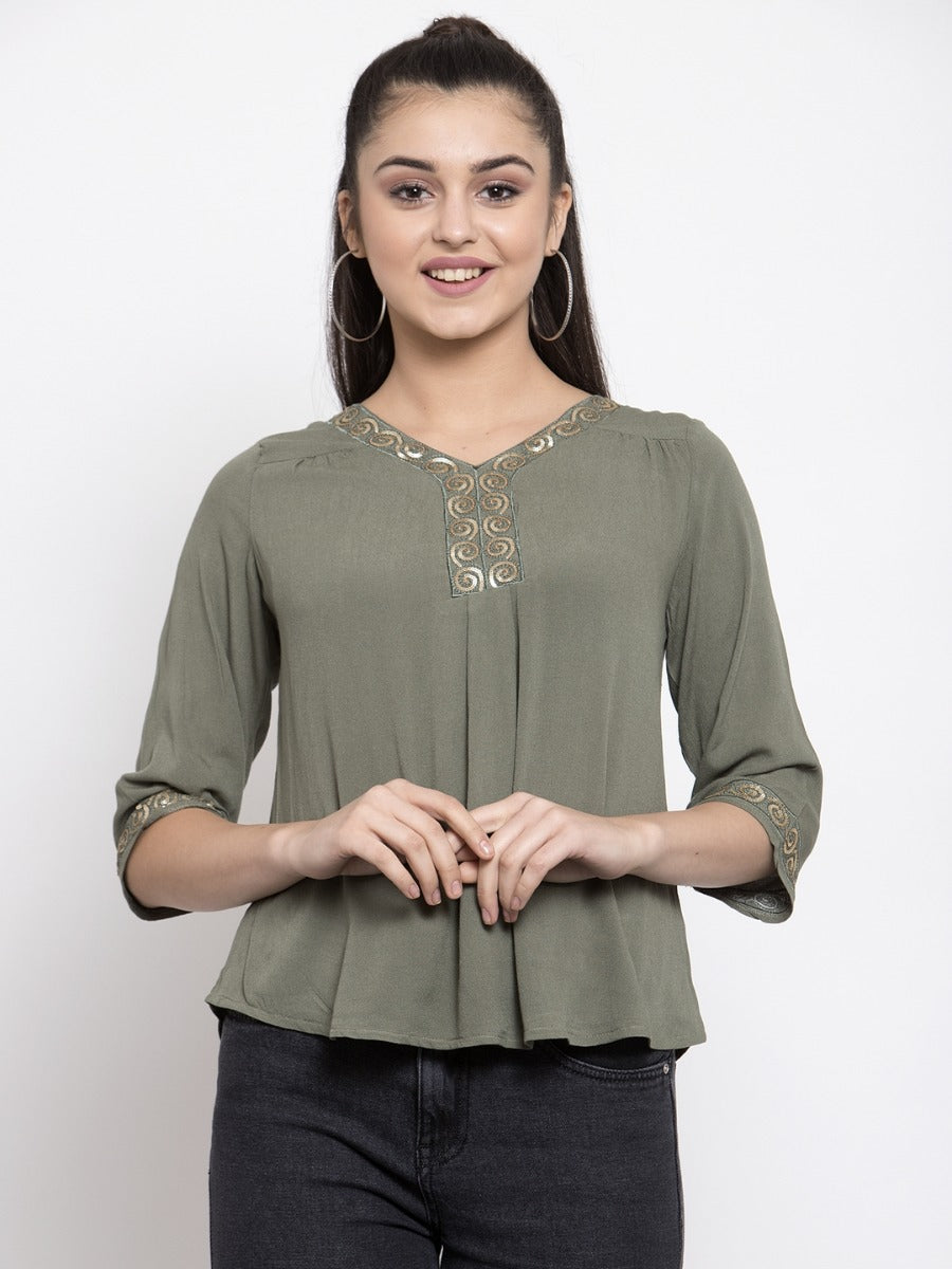 Women Green A-Line Top With Embroidery Details