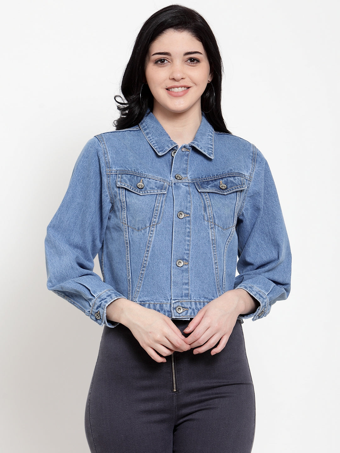 Women Blue Cotton Solid Jacket
