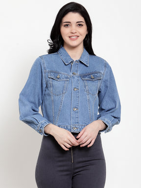 Women Blue Cotton Solid Jacket