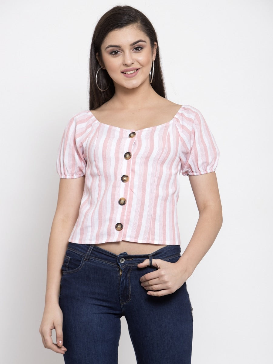 Women Striped Pink Boat Neck Top With Puffed Sleeve