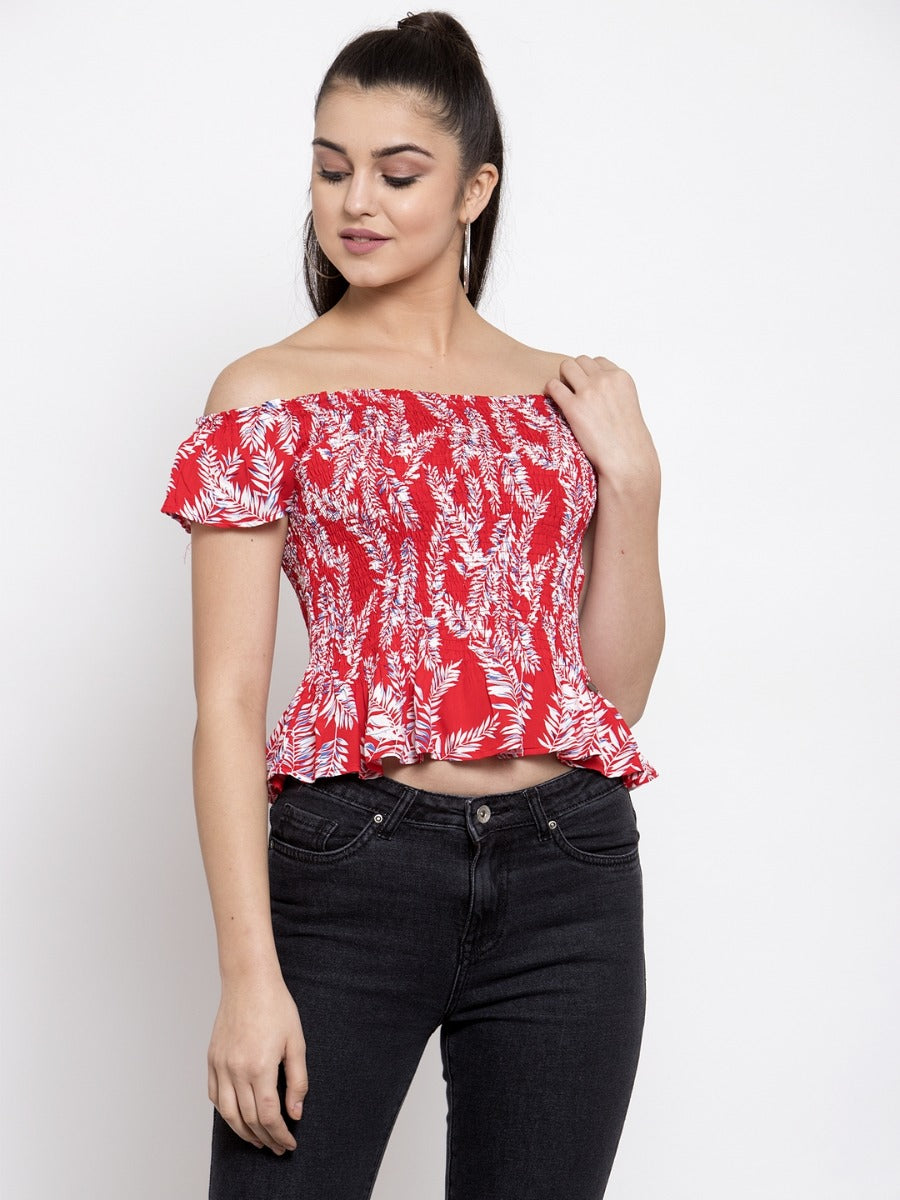 Women Printed Red Off-Shoulder Fit And Flare Top