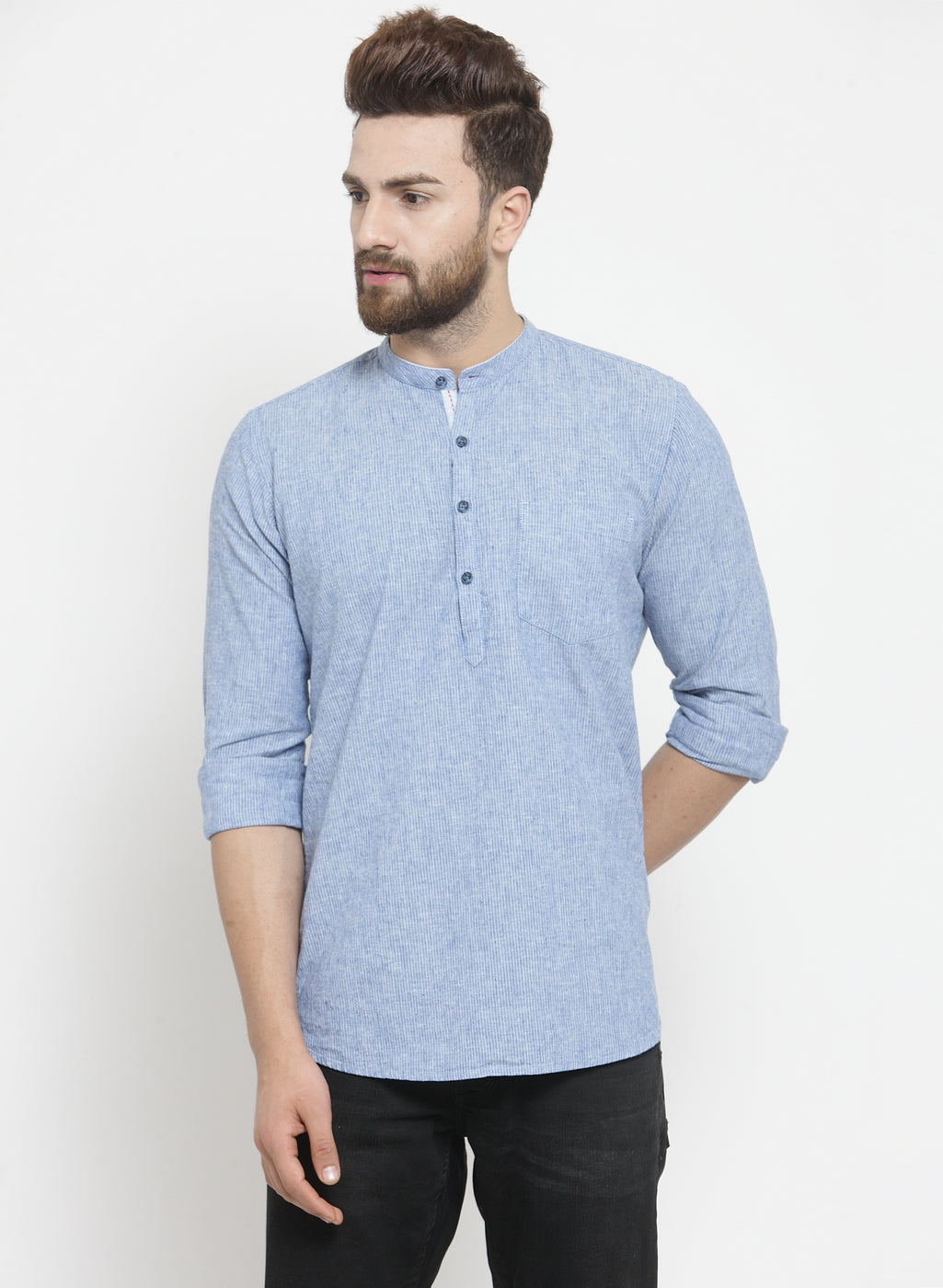 Men'S Light Blue Kurta Style Shirt