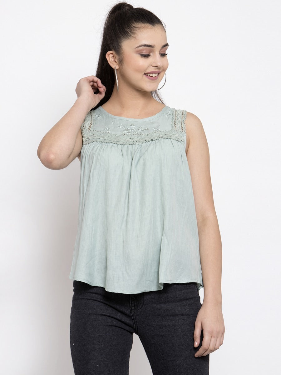 Women Solid Sea Green Round Neck Top With Crochet Lace And Embroidery