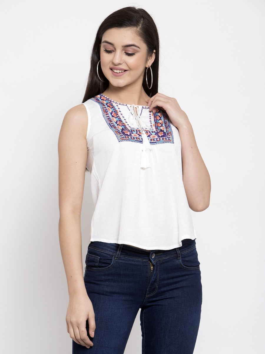 Women Embroidered White Tie-Up Neck Top