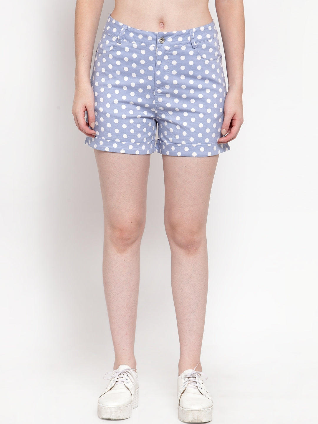 Women Blue Cotton Polka Dots Mini Shorts