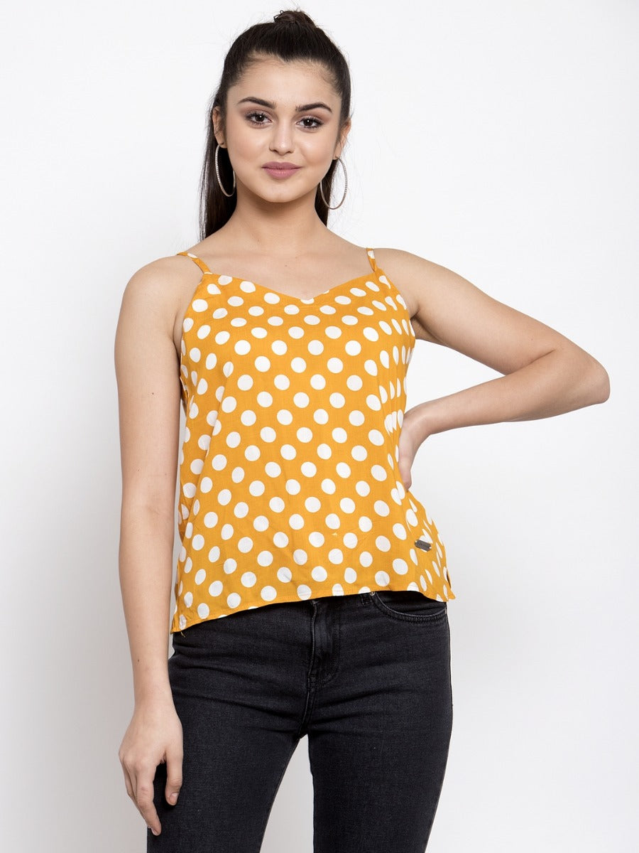 Women Scoop Neck Polka Dots Mustard Top